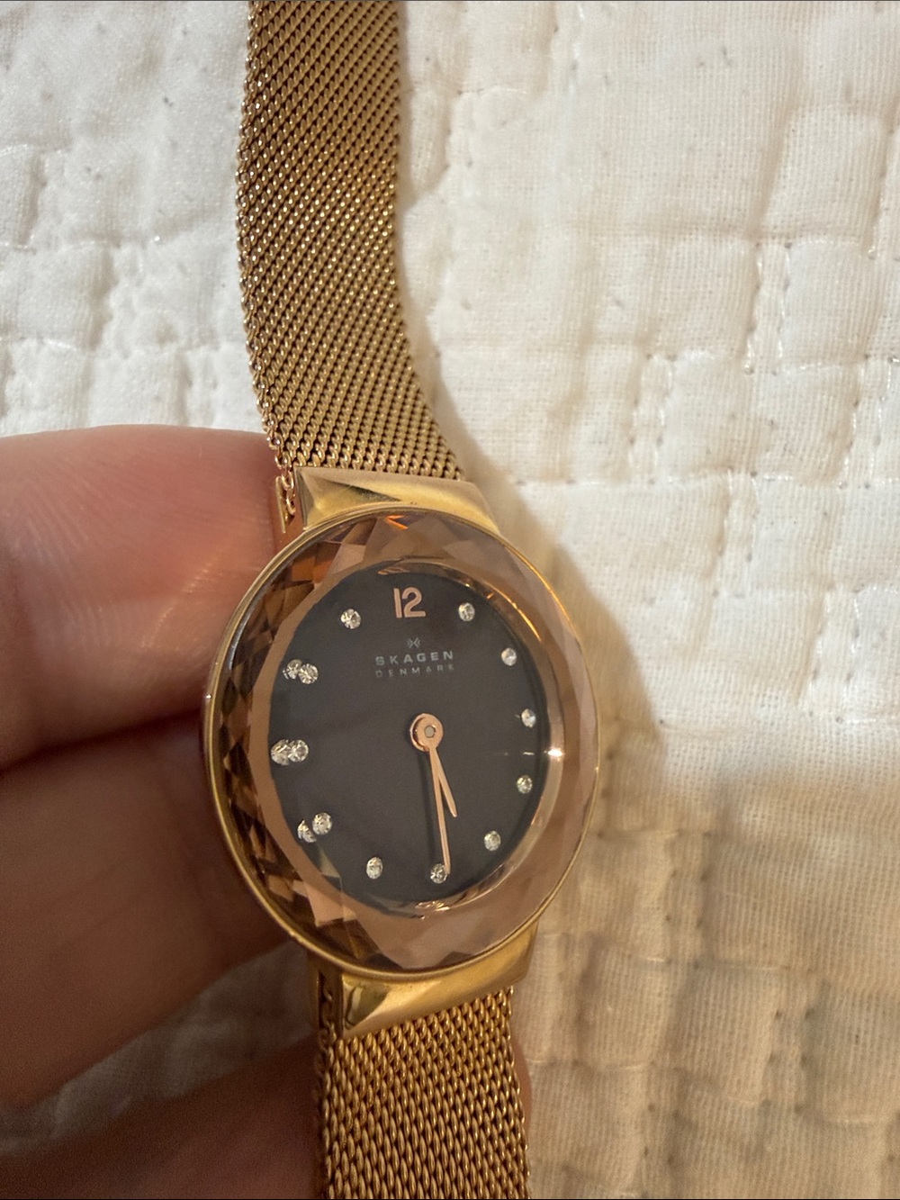 Skagen Rose Gold Mesh Watch with Black Dial and Crystal Markers